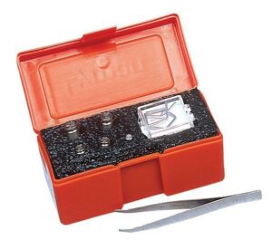 Watch repair tool kit with tweezers and box.
