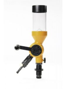 Yellow reloading powder measure tool isolated on white.