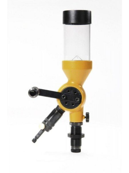Yellow reloading powder measure tool isolated on white.