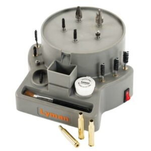 Lyman case prep tool with accessories and cartridges.