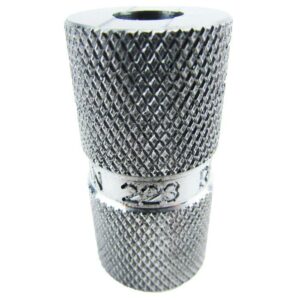 Silver metallic valve with textured surface and numbers.