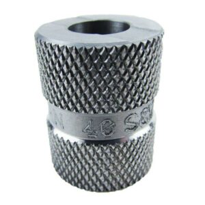 Knurled cylindrical metal tool component, threaded inside.