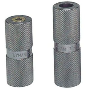 Two metal reloading case gauges for firearms.
