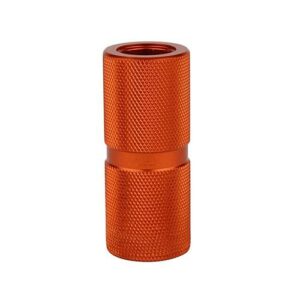 Orange knurled metal cylinder, industrial component.