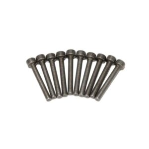 Set of ten metal bolts arranged in line.