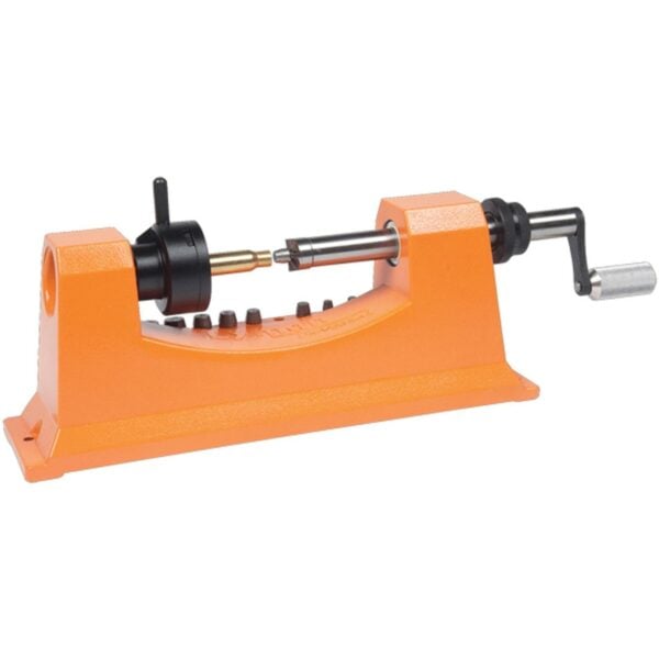 Orange reloading case trimmer with crank handle