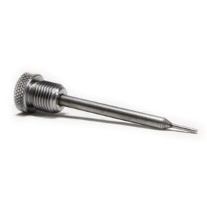 Metal tool with threaded cap and pointed tip.