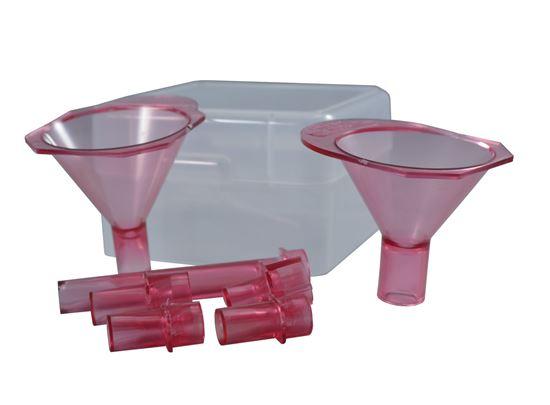 Pink funnels with connectors and box.
