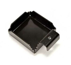Black metal tray with bracket and hole
