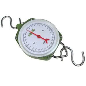 Dial scale with metal hooks for weighing.