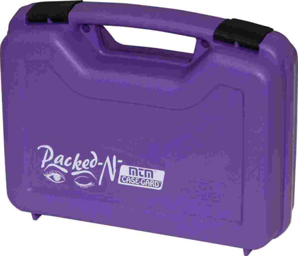 Purple carrying case with handle and branding.