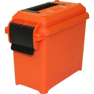 Orange heavy-duty storage box with black latch.