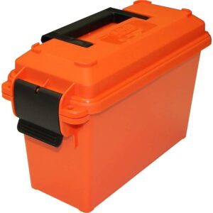 Orange storage case with black handle and latch