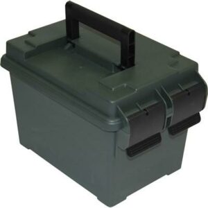 Green plastic storage box with black handle
