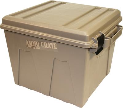 Tan ammo crate utility box with lid.