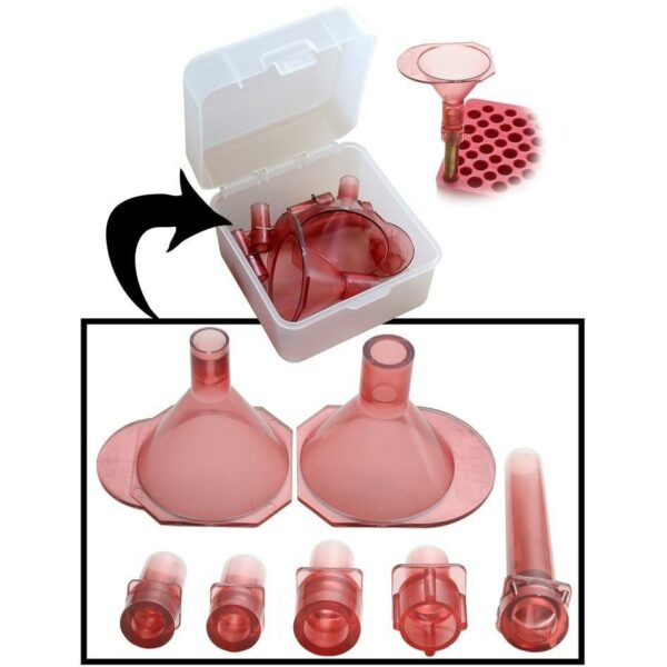 Red reloading supplies kit with various attachments.