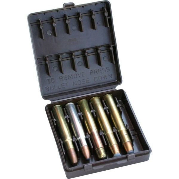 Ammunition box with five bullets inside.