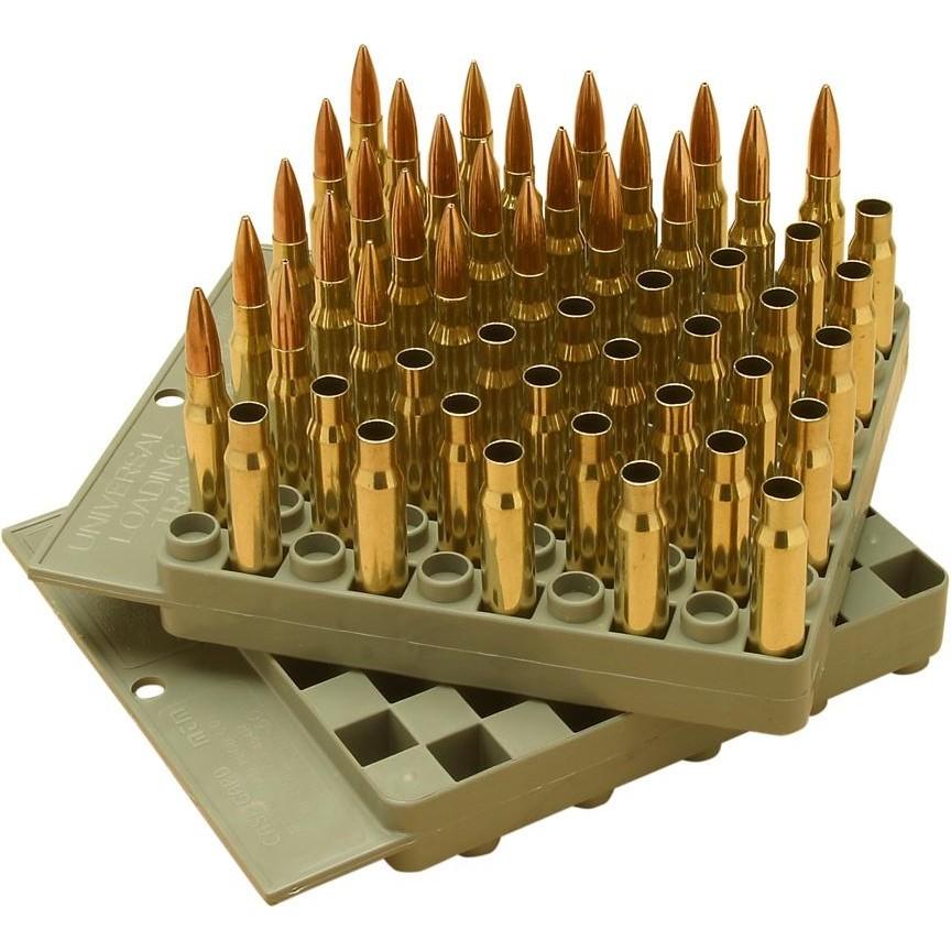 Rifle ammunition on plastic trays, organized and upright.