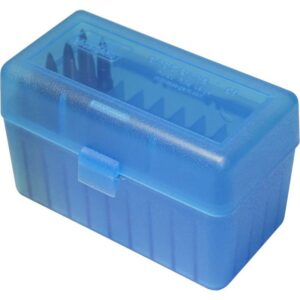 Blue plastic storage case for bullet cartridges.