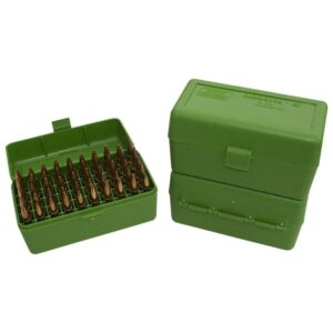 Green bullet storage boxes with ammunition