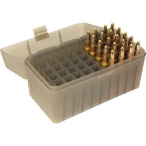 Ammunition storage box with several bullets inside.