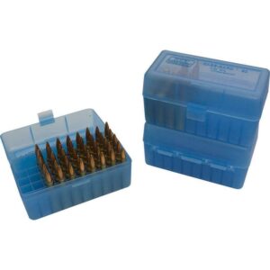 Blue ammunition storage boxes, open and closed.