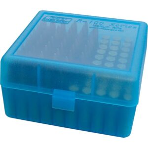 Blue plastic box for ammunition storage.