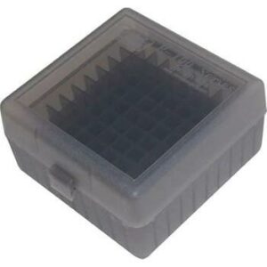 Gray plastic storage box with compartment grid.