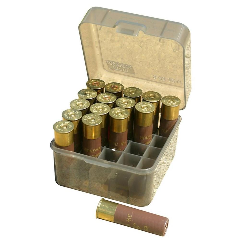 Shotgun shells in a transparent storage case.
