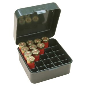 Open ammo box with shotgun shells inside.