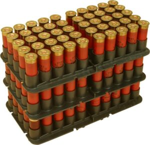 Stacked shotgun shells in carrying trays.