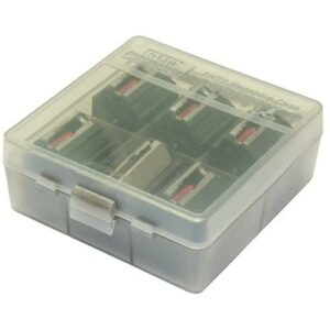 Transparent battery storage case with compartments.