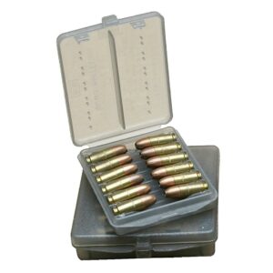Plastic ammo case with bullets inside.