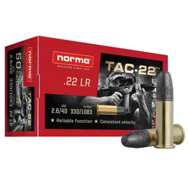 .22 LR ammo box with cartridges displayed.