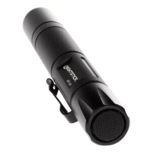 Black tactical flashlight with clip attachment.
