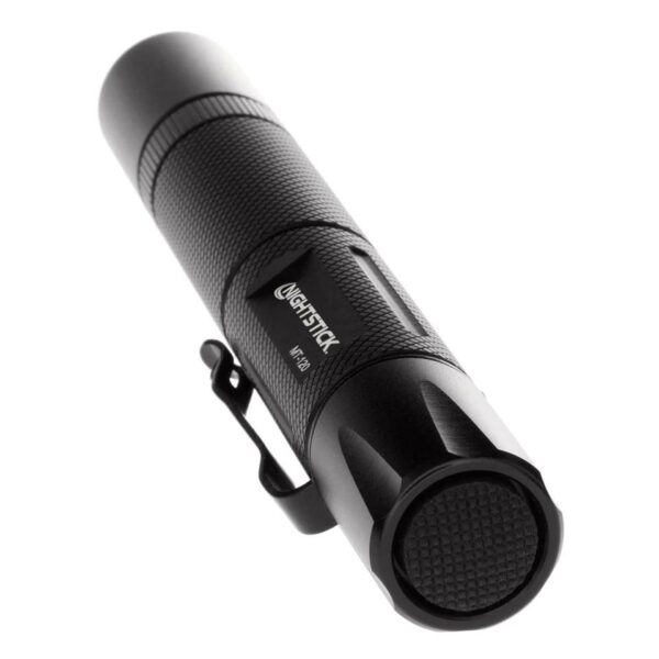 Black tactical flashlight with clip attachment.