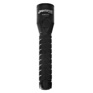 Black tactical flashlight with textured grip handle.