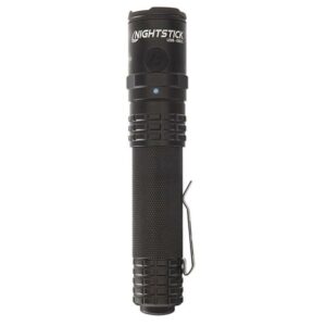 Black tactical flashlight with clip attachment.