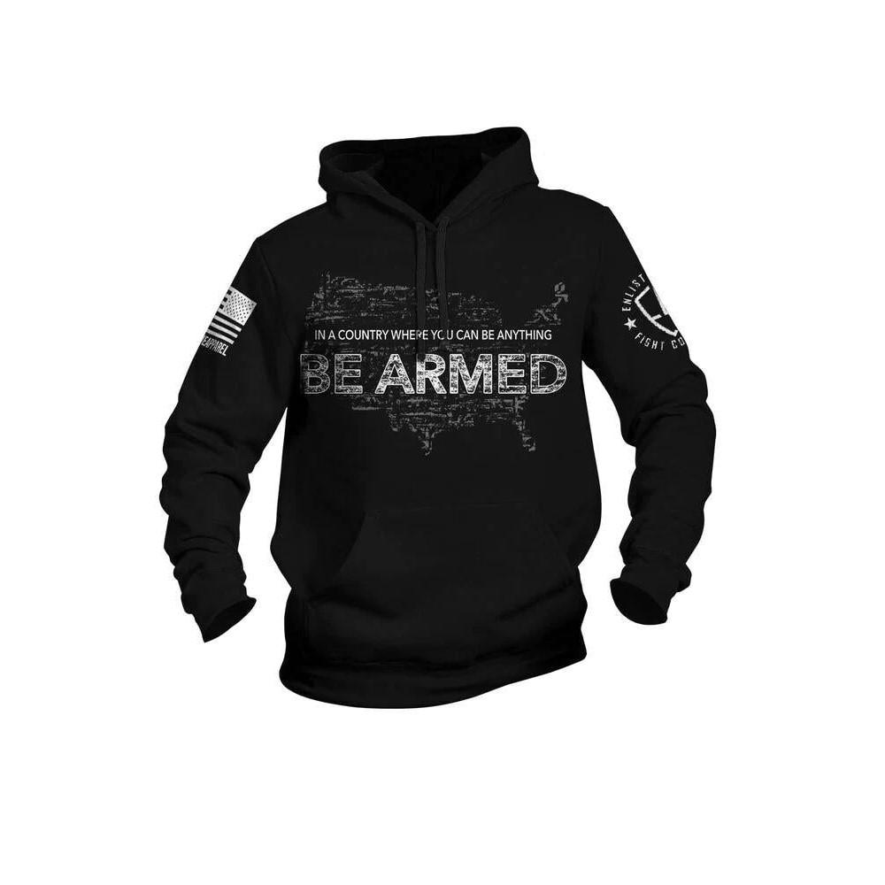 Black hoodie with map and slogan 'Be Armed'.