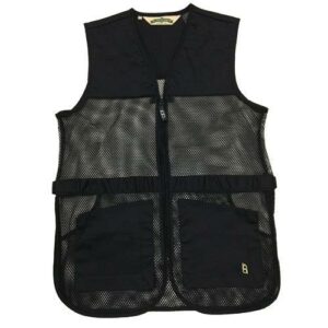Black mesh fishing vest with pockets and zipper.