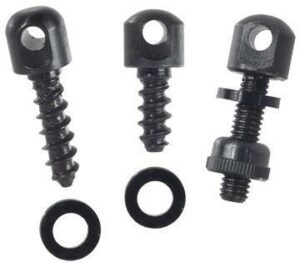 Three black screws with washers on white background.