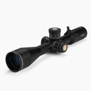 Black tactical rifle scope with adjustment knobs