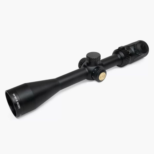 Black rifle scope with adjustable knobs.
