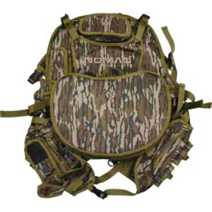 Camouflage hunting backpack with multiple compartments.