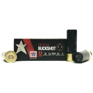 12-gauge defense buckshot ammunition box and shells
