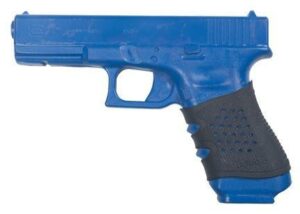 Blue training pistol with black grip for practice.