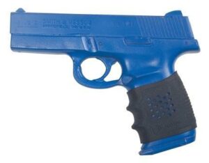 Blue training gun with black grip handle