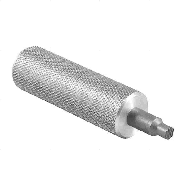 Textured cylindrical metal tool with a handle.