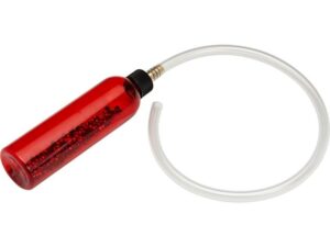 Red sandblasting beads in bottle with flexible hose.