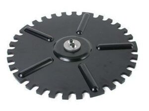 Black saw blade with teeth and central hub.